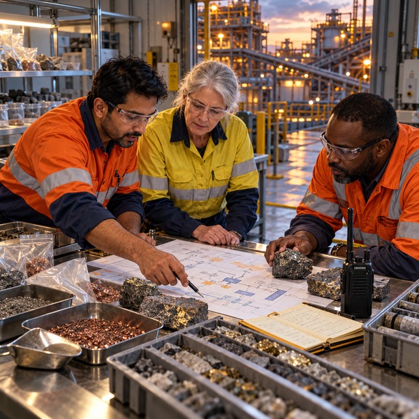Three mining professionals review ore samples, process diagrams and shift notes inside a mineral processing facility.