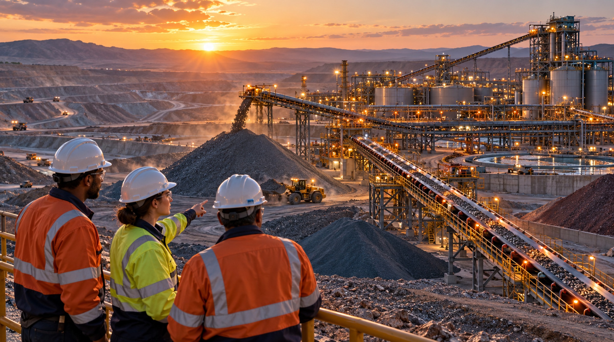 A mining team observes stockpiles, conveyors and processing infrastructure while tracing the ore feed path across a copper operation.