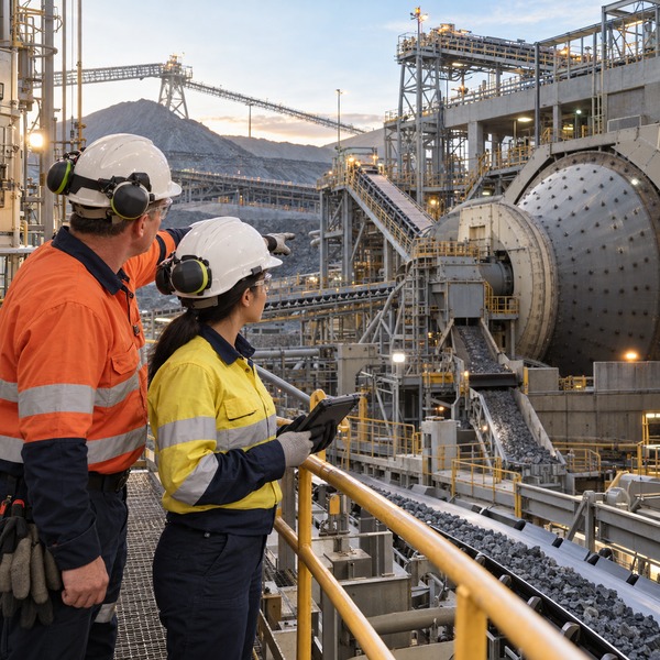 Operations Team Reviewing Ore Flow Beside a SAG Mill