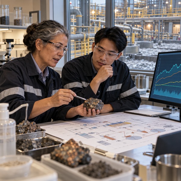 Two process specialists compare a mineral sample, flowsheet and operating trends in a laboratory overlooking the concentrator.