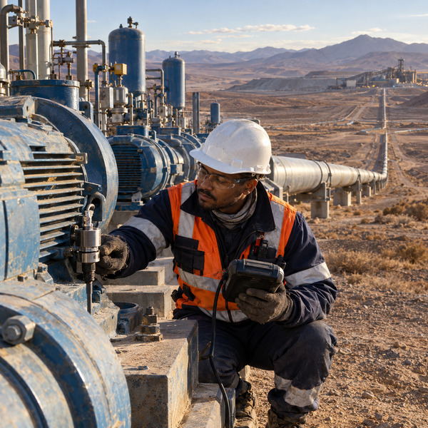 Reliability Engineer Inspecting a High-Pressure Desert Pumping Station