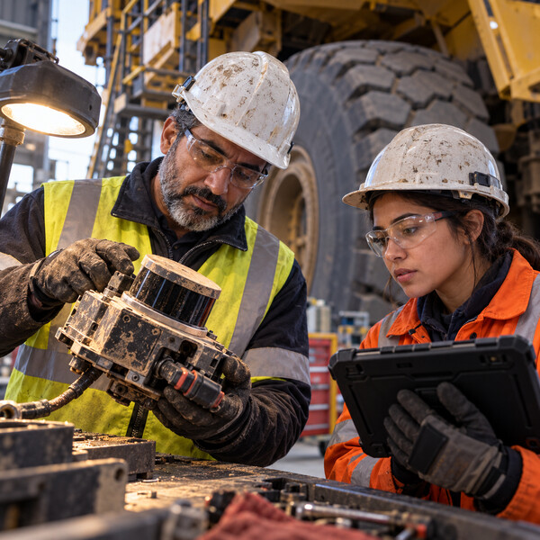 Technicians Inspecting a Dust-Coated Lidar Sensor