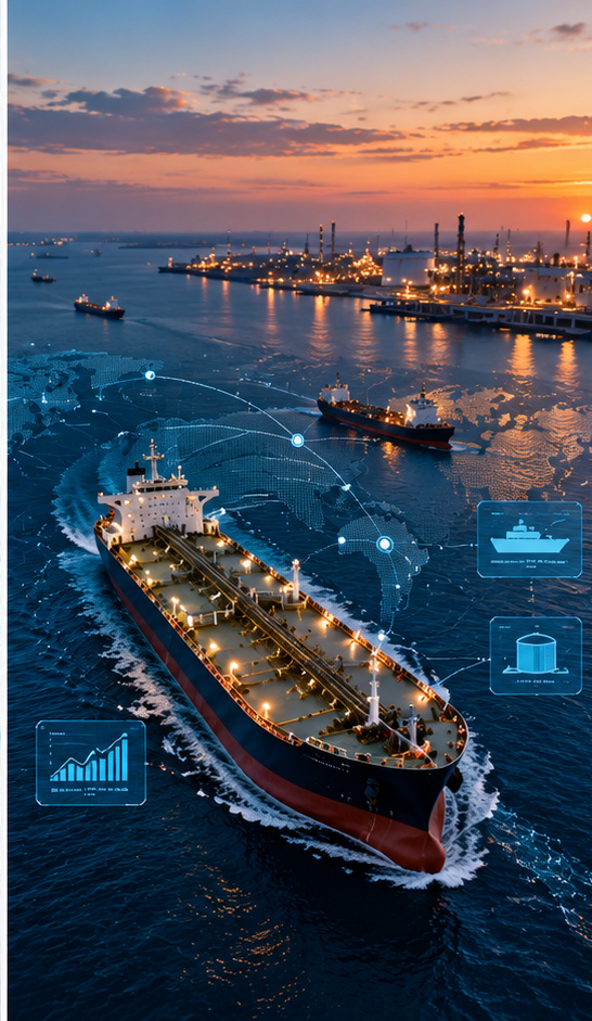 : Crude oil tanker navigating international shipping routes with digital trade connections linking ports and energy markets worldwide.