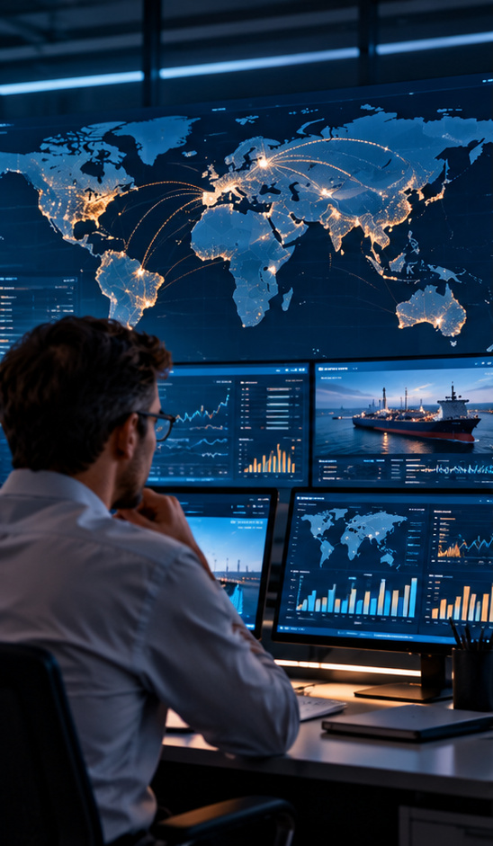 Trading analyst monitoring global crude flows, market data and vessel movements across multiple digital screens in an operations control room