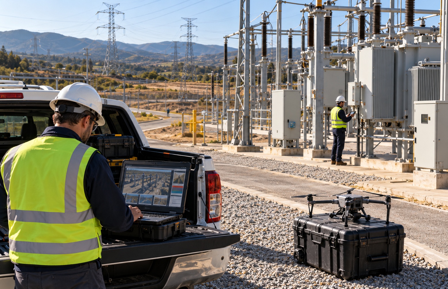 Utility operations team reviewing inspection evidence from a field drone and direct asset checks before deciding the next operational action.