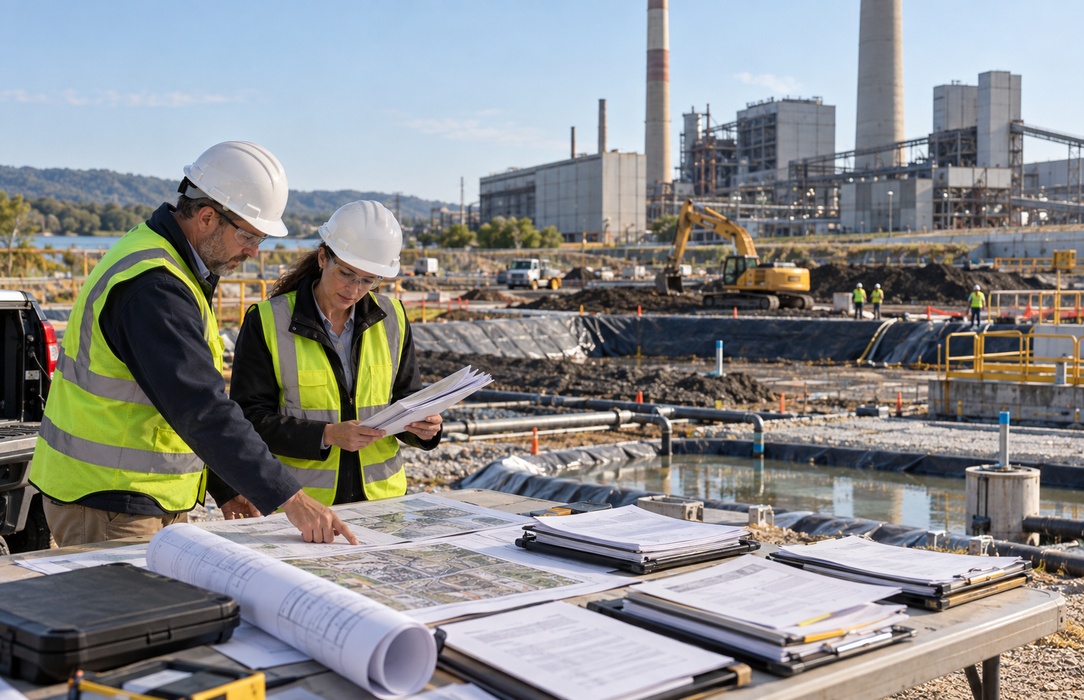 Utility environmental and regulatory specialists reviewing remediation scope, cost and recovery evidence at a legacy power-generation site.